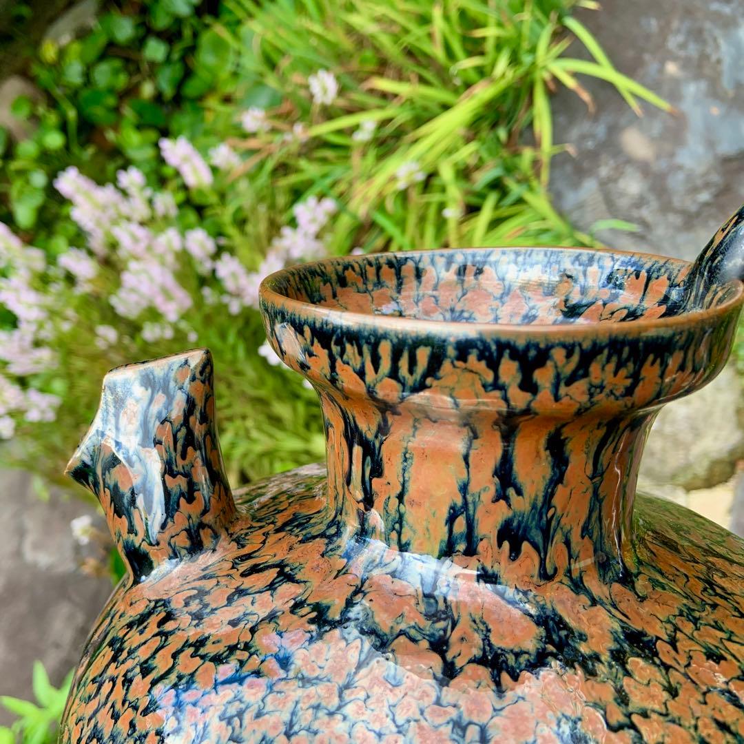 京都• 鎌田幸二陶器製 水差しのハンドル黒と茶色の模様 侘び寂び茶道