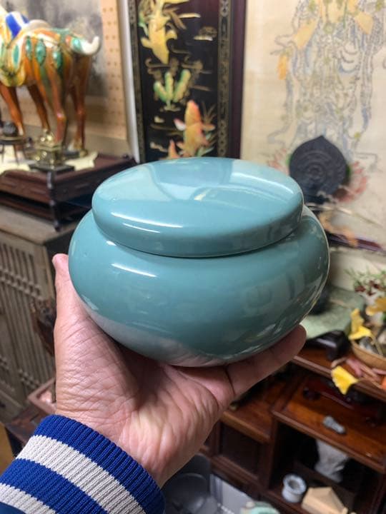 シノワズリ　龍泉？朝鮮？青磁　大口径　大茶壷　珍品　エメラルドグリーン
