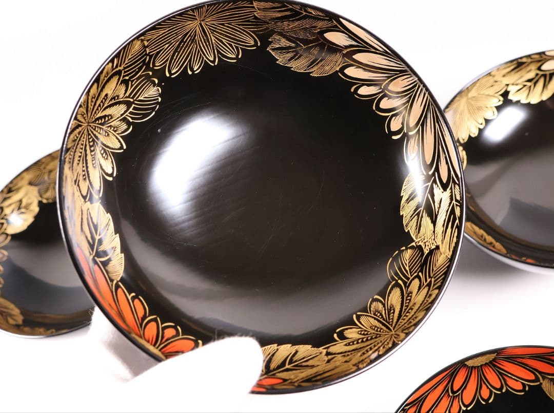 CM366】輪島塗 塩徳屋漆器店 沈金 菊尽 煮物椀 五客 木製漆器 黒