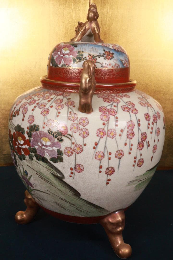 薩摩焼 勇仙作 色絵金彩花鳥図獅子耳 大香炉 高さ45cm BE941 美術品