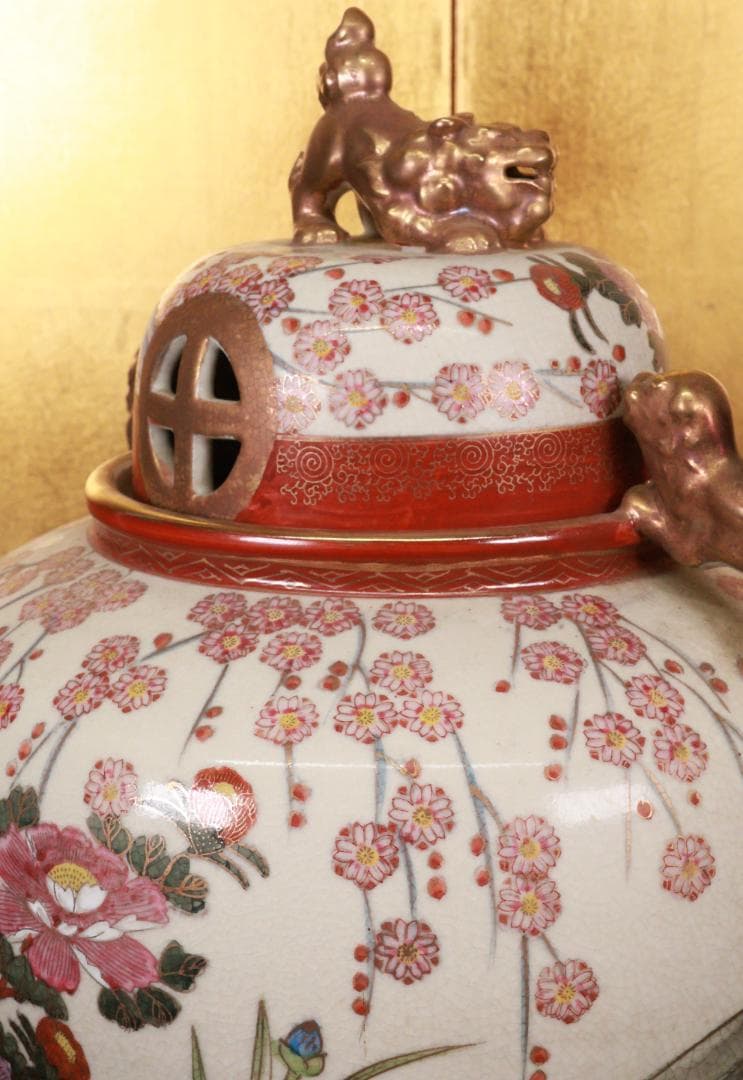 薩摩焼 勇仙作 色絵金彩花鳥図獅子耳 大香炉 高さ45cm BE941 美術品