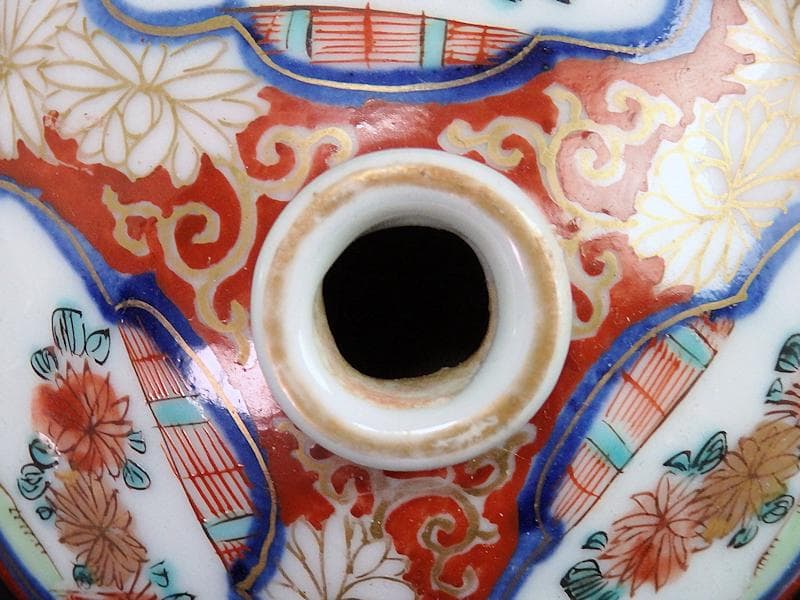 古伊万里 金襴手 窓絵 柴垣に菊の図 油壷 D184-fblw