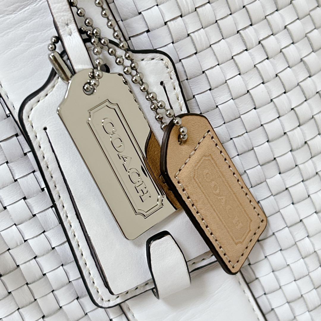 上品 COACH レザー ハンドバッグ ショルダー 2way 編み込み ホワイト