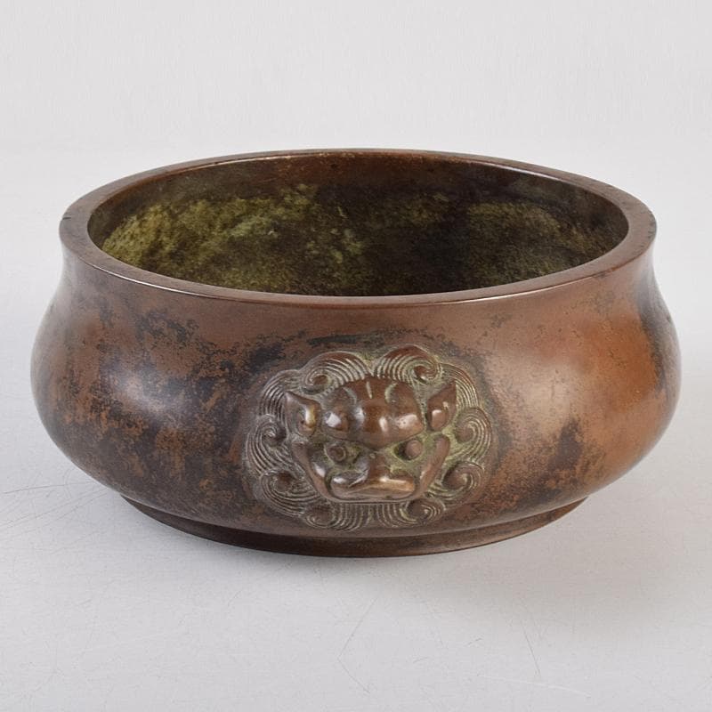 NM　中国　古銅　双獅子耳香炉　在銘　M　R9067