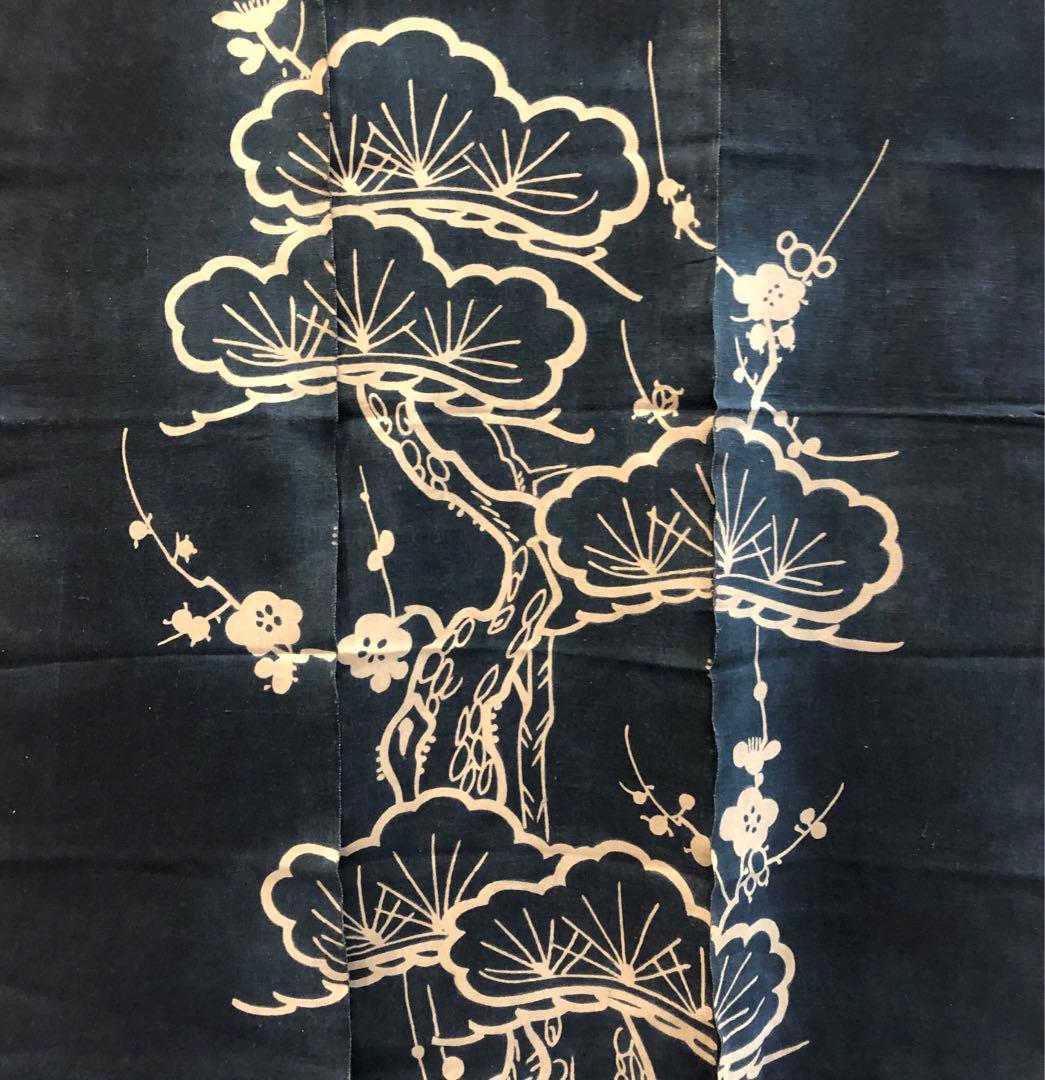 藍染筒描き三巾加賀のれん時代物木綿古布 ソ-360