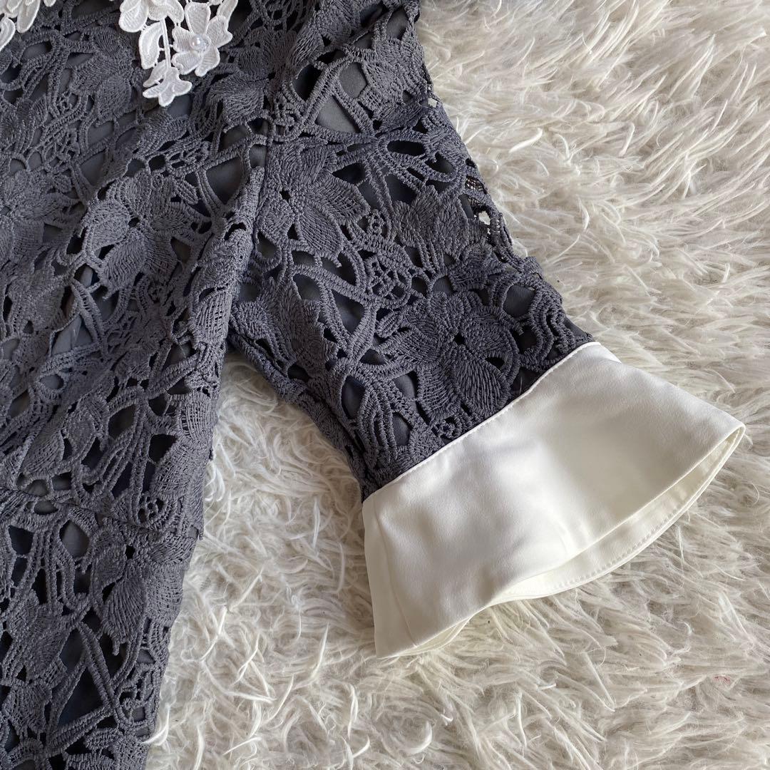 LEJA 花柄レースカラースパンコール刺繍Aラインフレアドレスワンピース