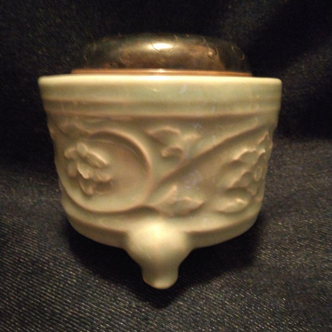 青磁焼 銀蓋 花模様の陶器香炉 骨董 お香