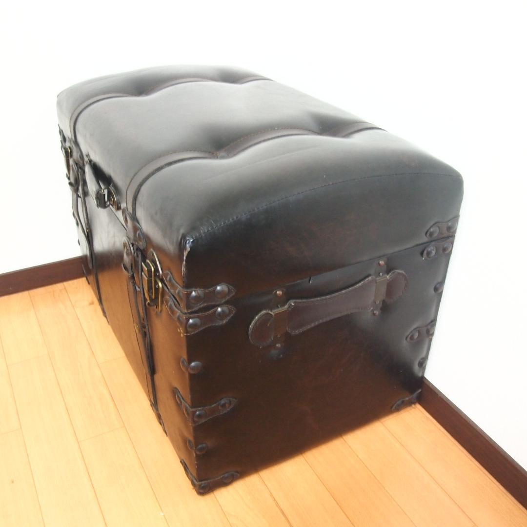 【良品】鋲打ち/革張り 収納スツール/椅子/ベンチ/レコードケース 黒/ブラック