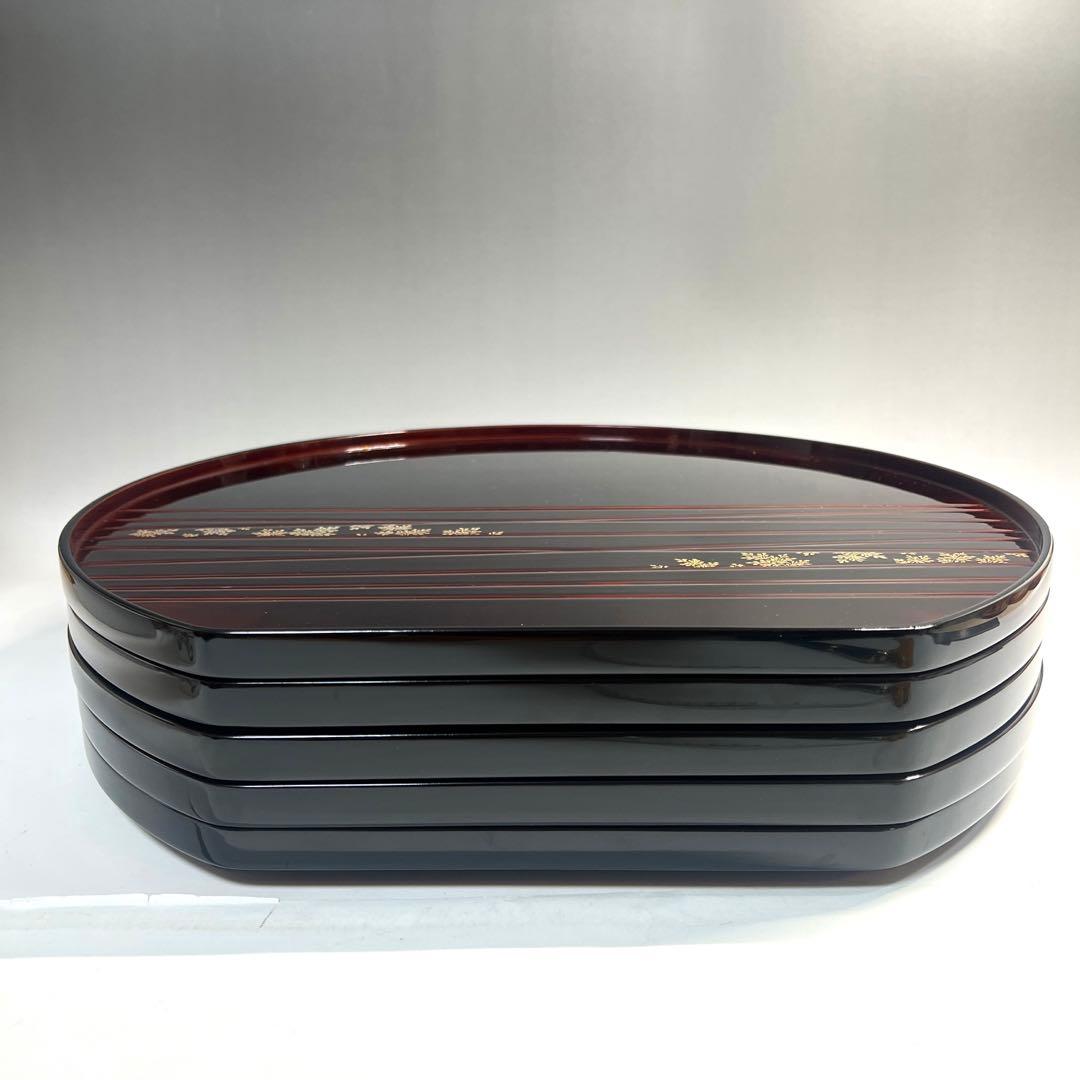 輪島屋謹製 信夫沈金蒔絵 半月盆 溜塗 五客揃