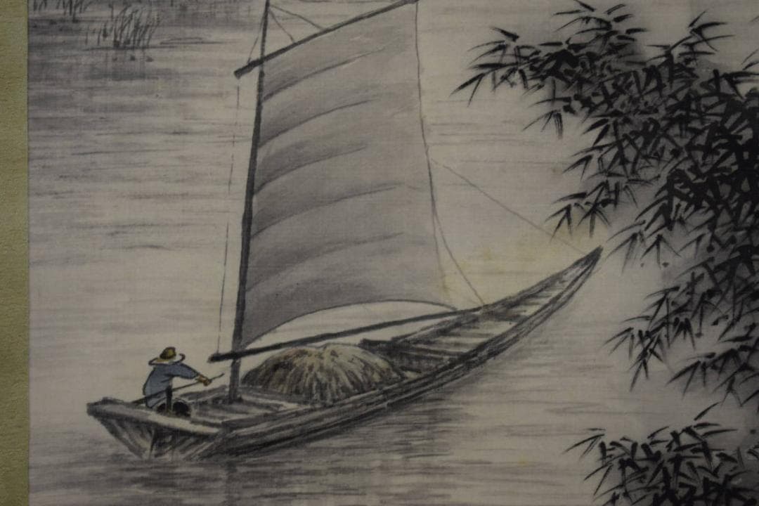 真作/梅峯/江山帆舟図/桐共箱付/布袋屋掛軸HE-856