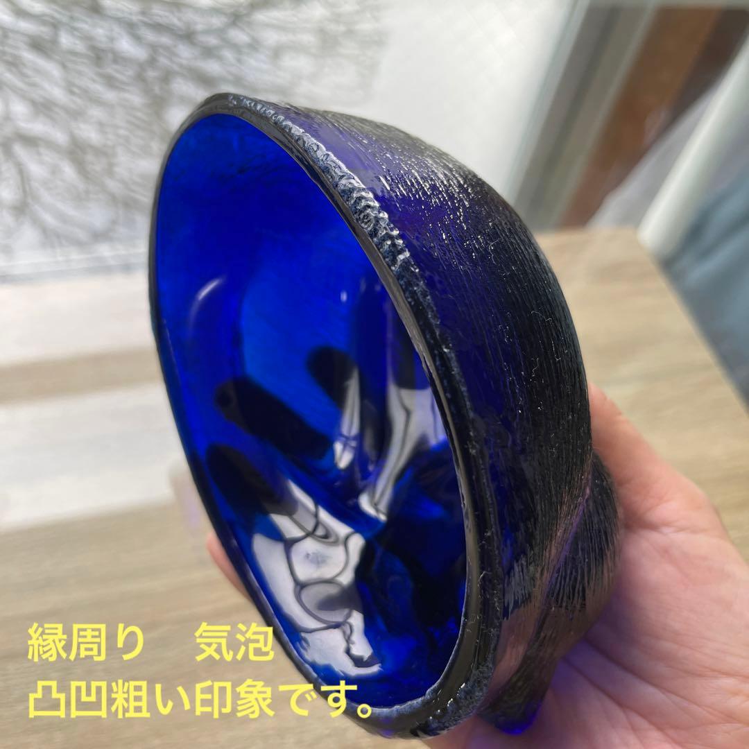 骨董 時代ガラス 希少 瑠璃色ガラス 眠り猫モチーフ 蓋物 菓子瓶