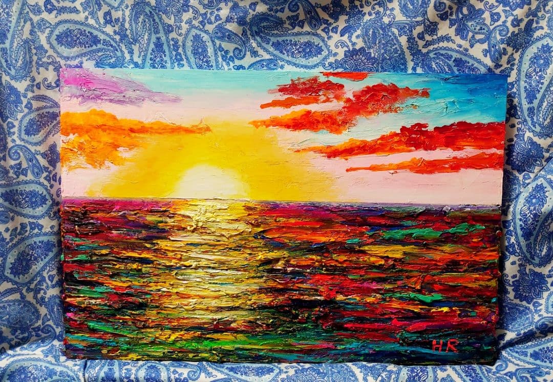 油彩画/「海辺の夕日」