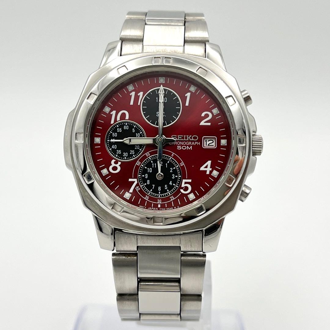 SEIKO 7T92-0CA0 クロノグラフ メンズ 腕時計 新品電池 赤文字盤