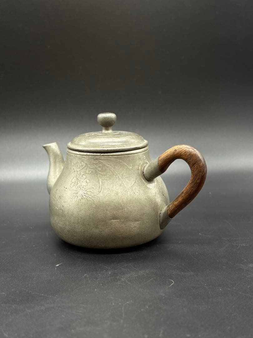 煎茶道具 古錫製 草花紋 木製持手彫細工 一文字急須 /煎茶器 錫器 本錫製