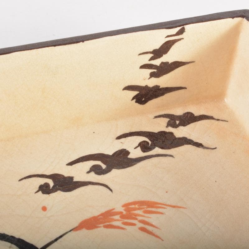 大東製陶 色絵草鳥文 四方鉢 共布 時代箱付 C 6677