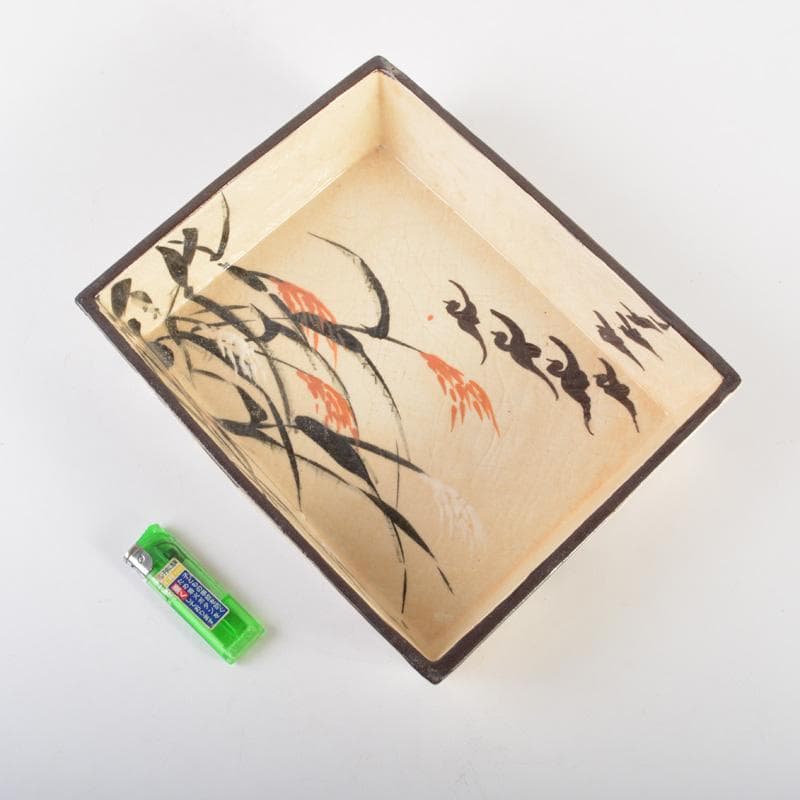 大東製陶 色絵草鳥文 四方鉢 共布 時代箱付 C 6677