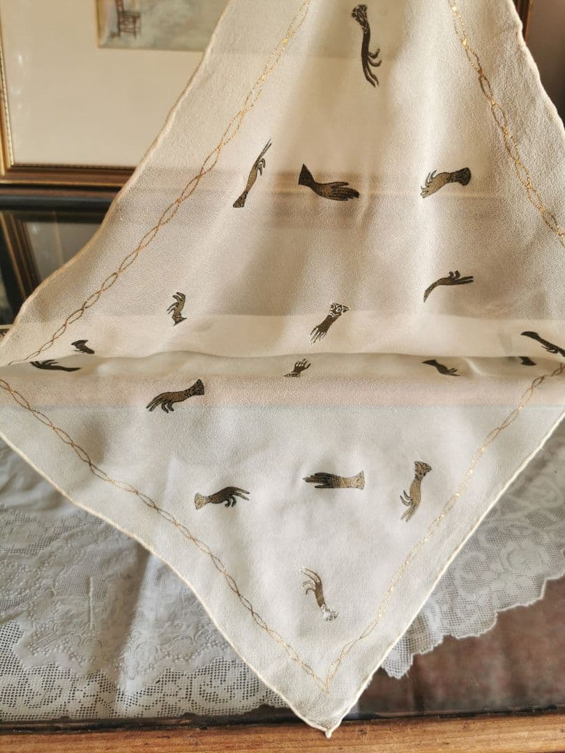 アンティーク フランス シルクスカーフ 鴨の飛翔 森林の湖 蒲の穂 地