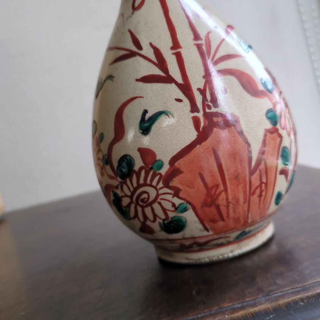 骨董 木米造 花瓶 鶴首 赤絵 花入 茶道具 茶道 陶器 木箱