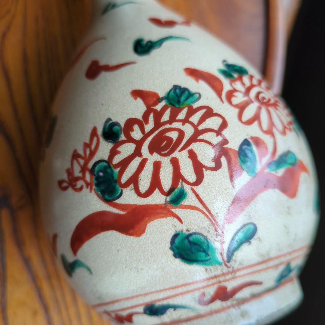 骨董 木米造 花瓶 鶴首 赤絵 花入 茶道具 茶道 陶器 木箱