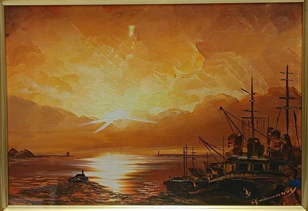 額装／ニチガク　油絵　直筆「夕暮れの漁港」サインあり