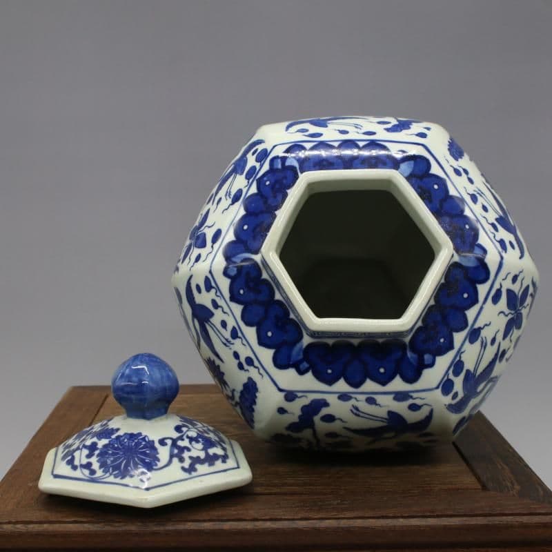 清乾隆青花花鳥六方蓋缶 砂糖缶 景徳鎮 陶磁器 装飾品 現代