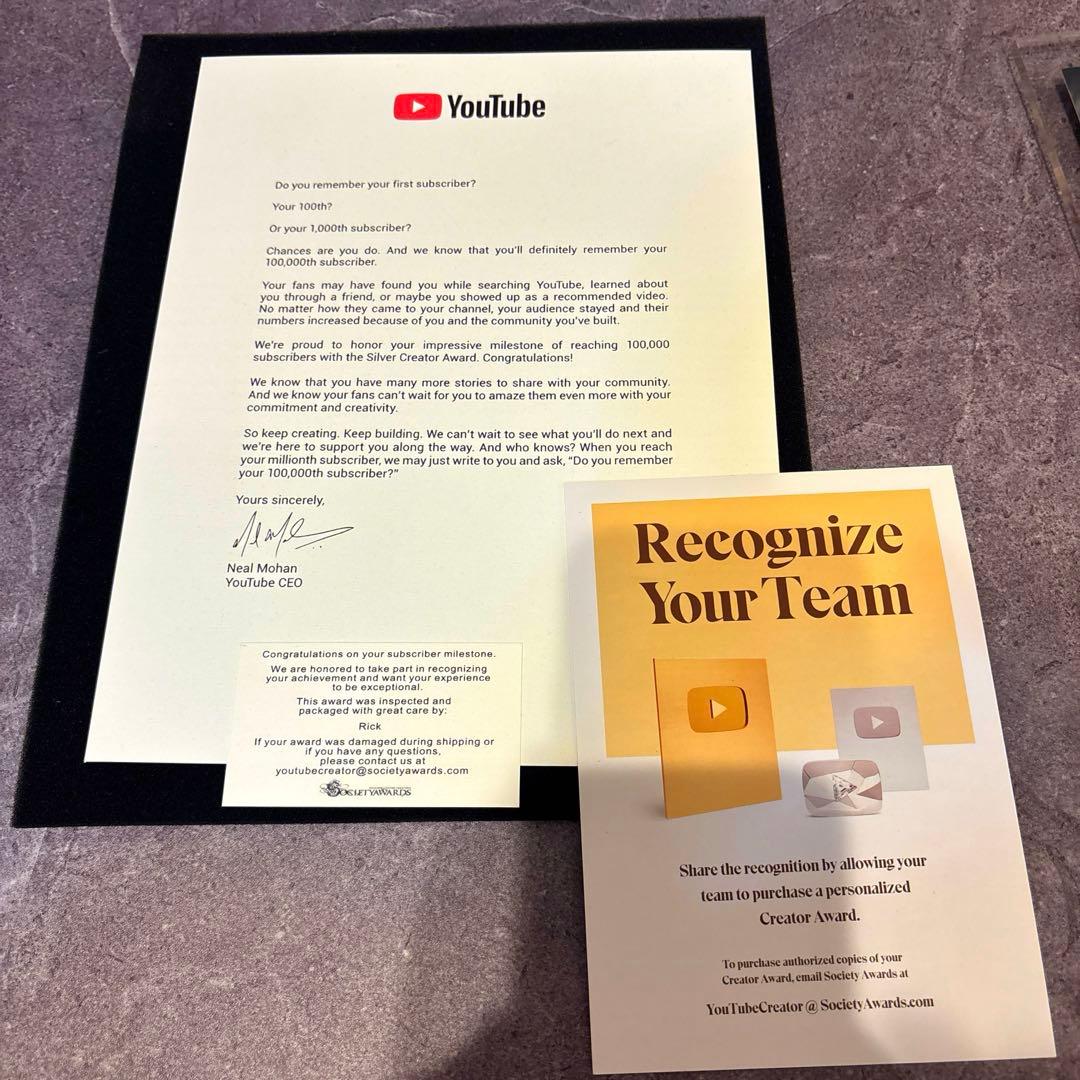 YouTube】銀の盾+銀の賞状 登録者数10万人 金の