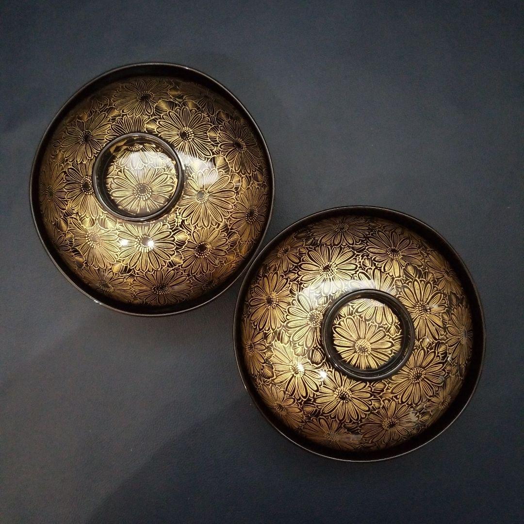 能登輪島塗 総沈金 菊花詰 吸物椀 2客　懐石椀 茶道具　美品　①