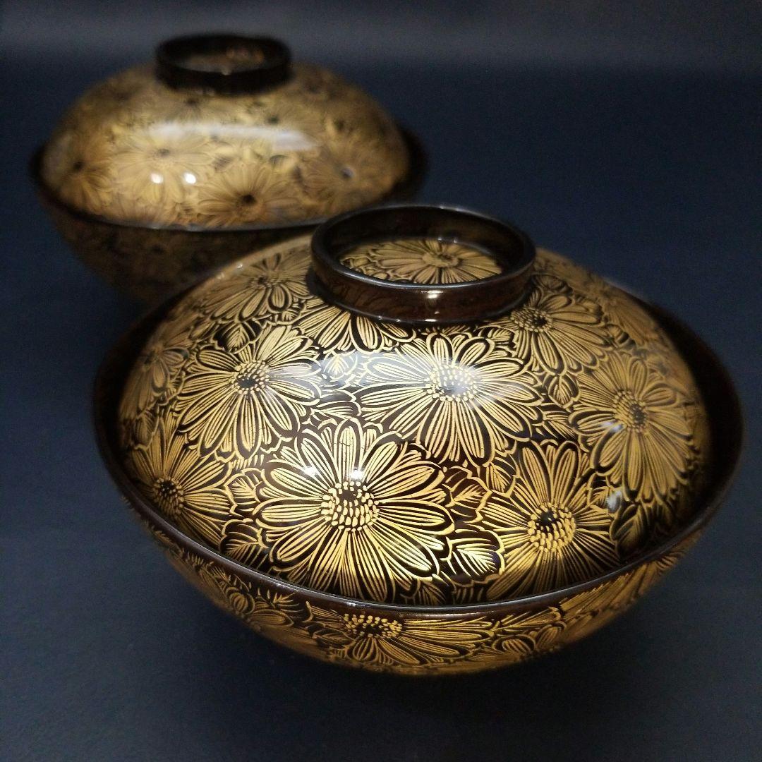 能登輪島塗 総沈金 菊花詰 吸物椀 2客　懐石椀 茶道具　美品　①