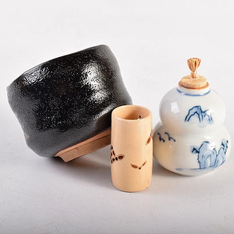 茶道具 鎌倉彫 高台寺文 利休茶箱 黒楽茶碗 振出など 七点一