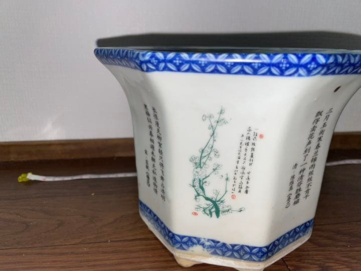 盆栽鉢　中国　植木鉢　染付　漢詩