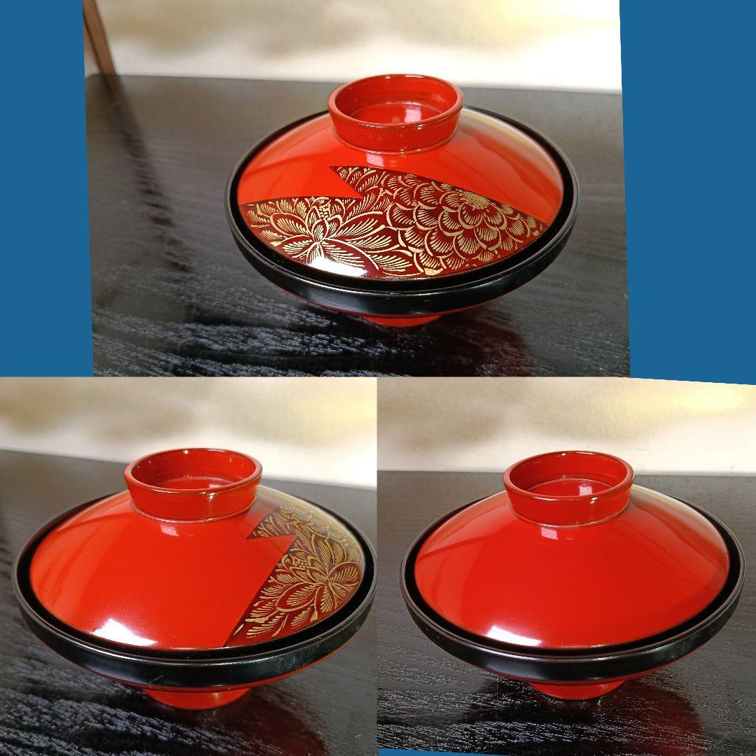 AN59 吸物椀 沈金蒔絵 高台 蓋付椀 木製朱漆器 五客 木箱