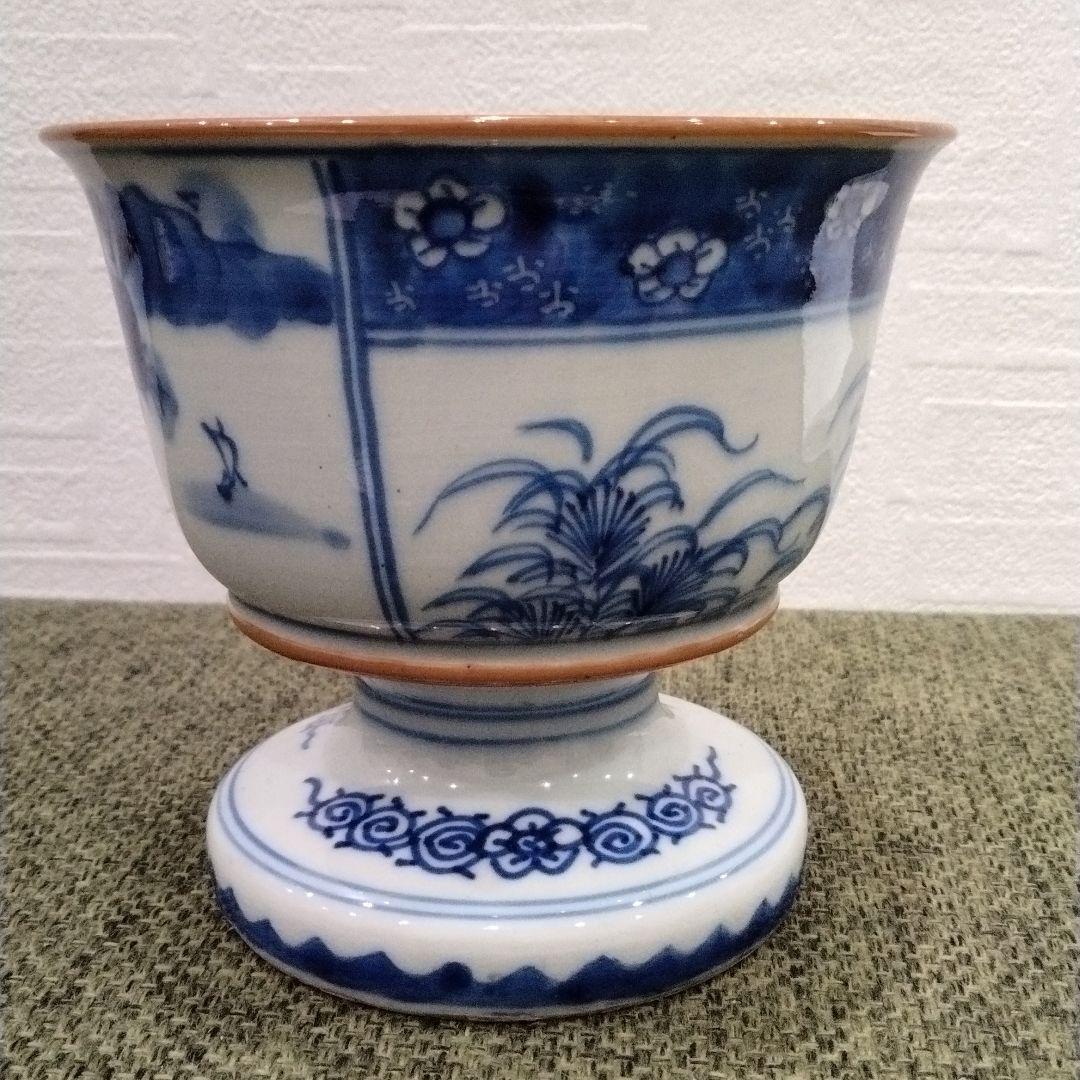 Ⅿ260-4 江戸時代 古伊万里 染付山水花弦文盃洗