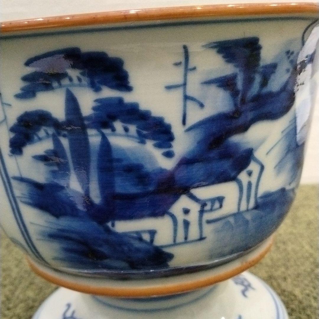 Ⅿ260-4 江戸時代 古伊万里 染付山水花弦文盃洗