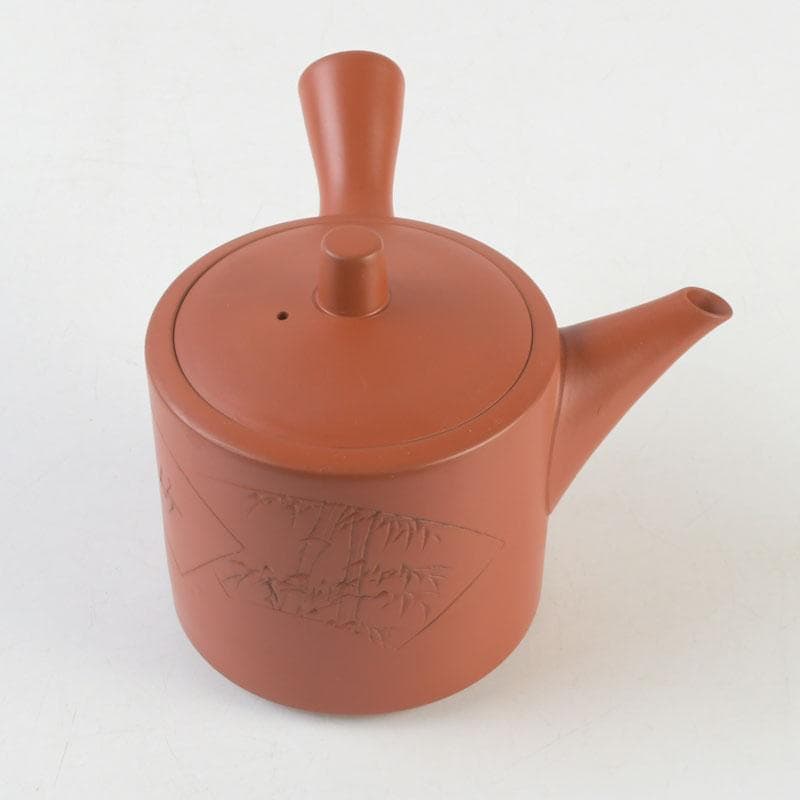 煎茶道具 常滑焼 朱泥 漢詩竹刻 横手急須 V 9580