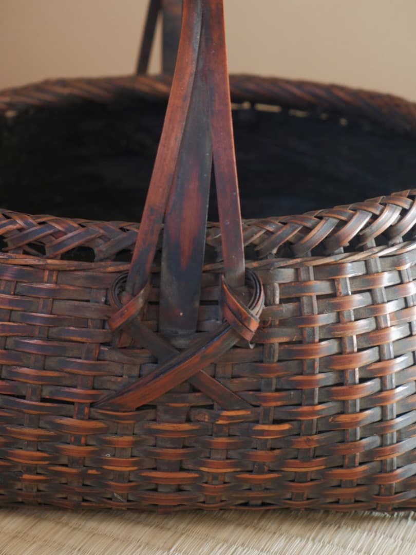 竹編み籠 手付炭籠 竹細工 茶道具 竹工芸 古道具 Q2194 古漆器 根来】