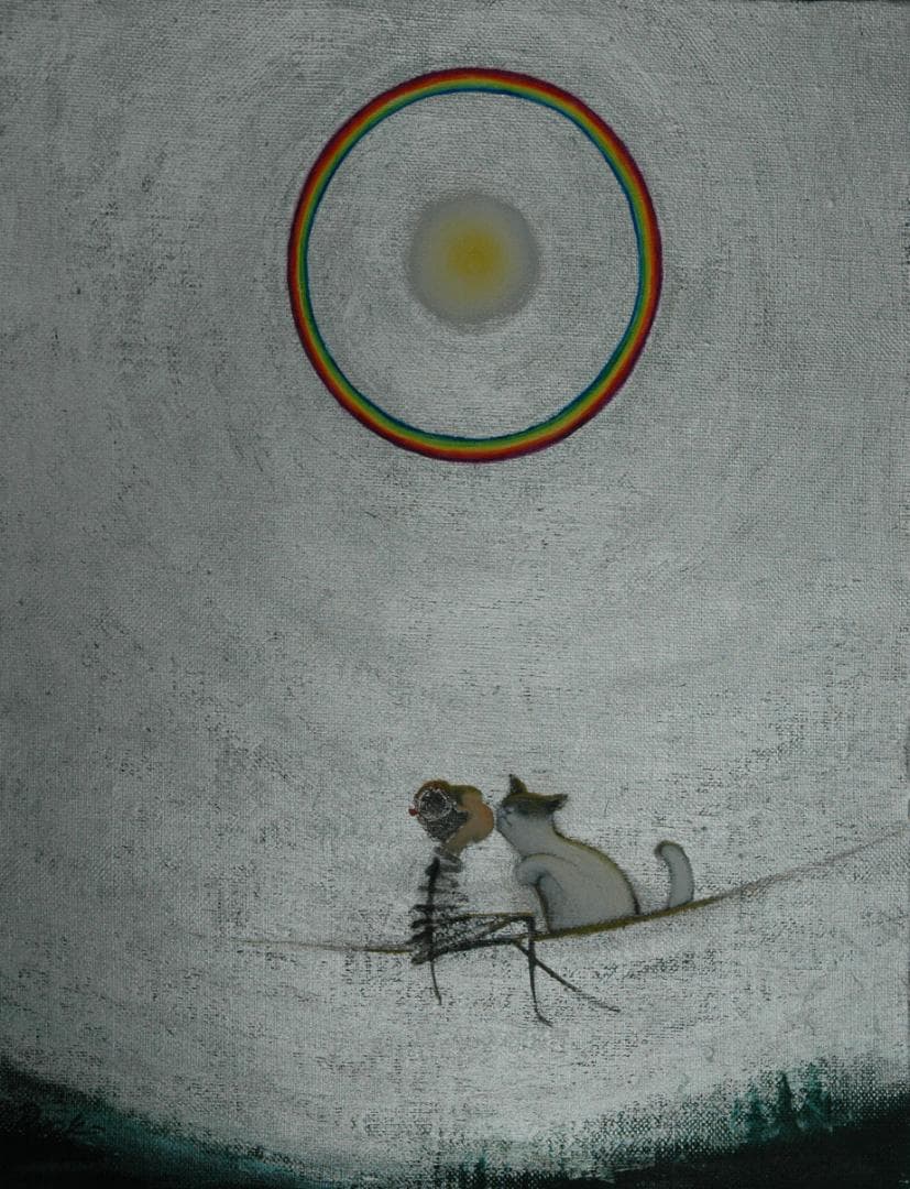 油絵 菅家令子 絵 絵画インテリア額付(淡い銀青緑) F3-031019猫女の子