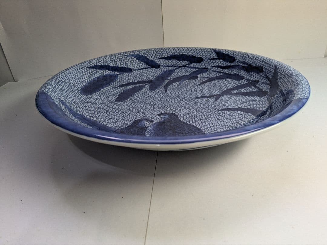 要さん専用　館林源右衛門窯、『染付粟鶉図大皿』、銘「源右衛門」有、皿立付、箱無