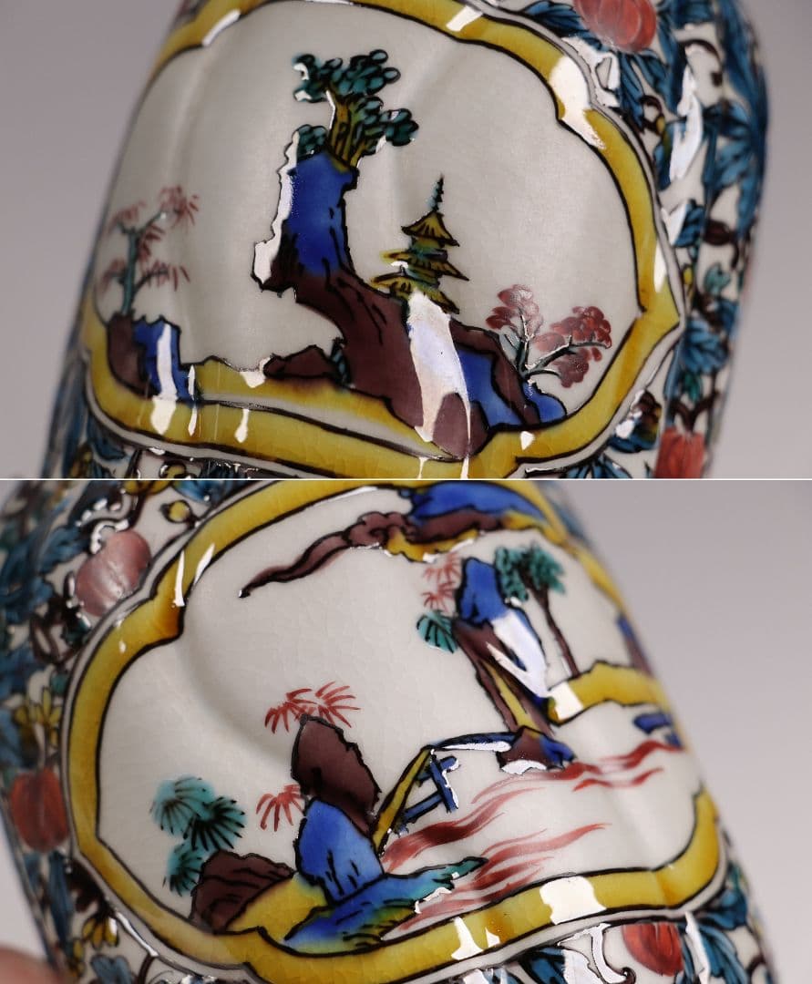 M681/ 初代 徳田八十吉 九谷焼 山水 徳利一対 共箱共布 二代徳利