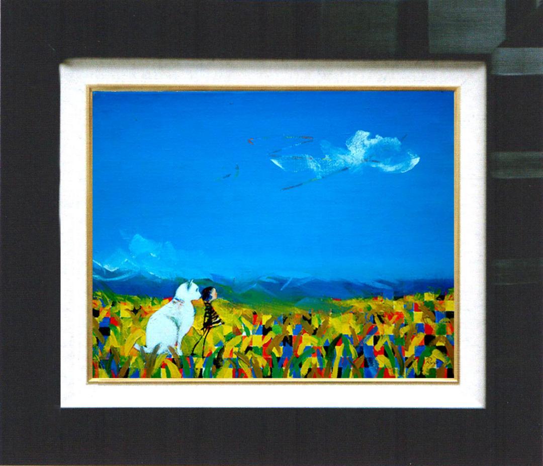 油絵菅家令子絵 絵画インテリア額付(青緑＋金色の枠)F4-072119子犬猫女子