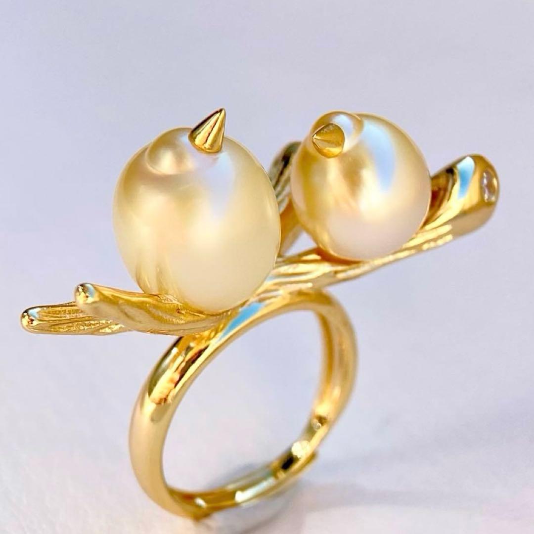 本真珠南洋白蝶真珠シャンパン&ゴールド「鳥と枝 」s925リングY1006
