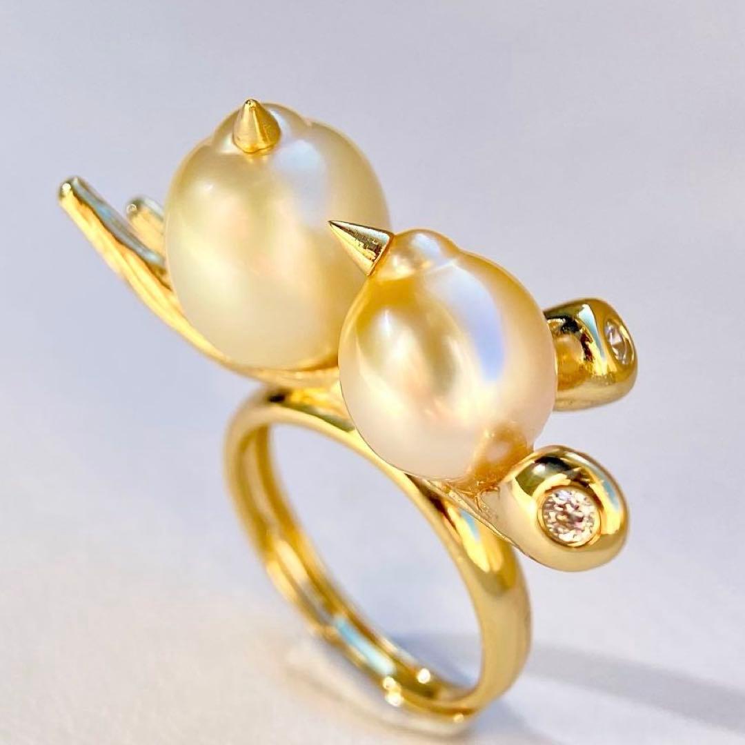 本真珠南洋白蝶真珠シャンパン&ゴールド「鳥と枝 」s925リングY1006