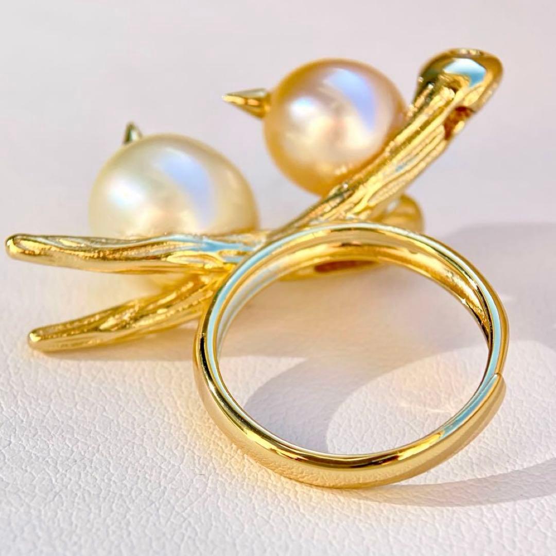 本真珠南洋白蝶真珠シャンパン&ゴールド「鳥と枝 」s925リングY1006