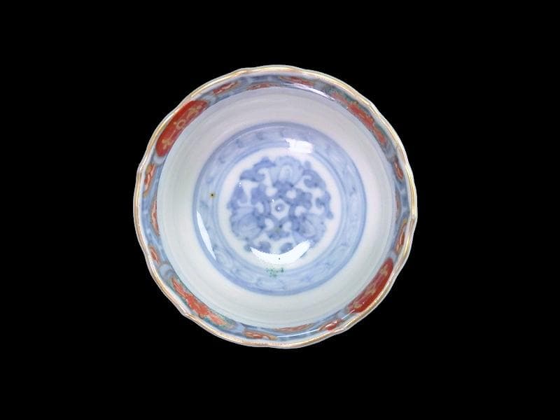 古伊万里 金襴手 瓔珞紋に松竹梅 獅子に青海波の図 猪口 E767AS-