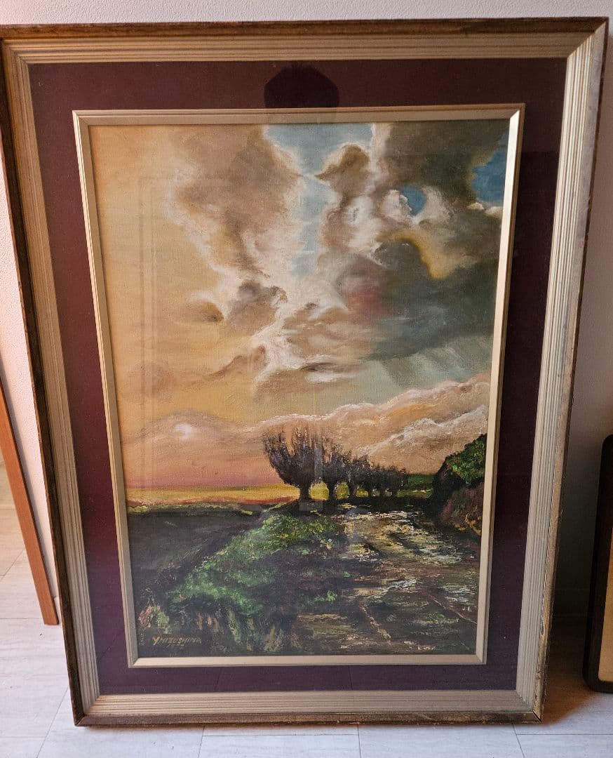 水島裕 田園風景 真作 1972年作品 油彩画