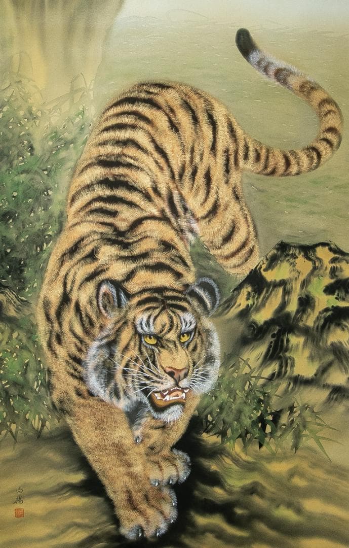 掛軸-1705　斎藤白揚　猛虎　共箱　総幅９７センチの大幅