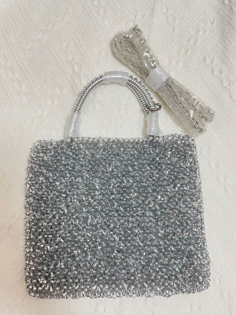 即日発送アンテプリマ風 ビーズ ワイヤーバッグ　ショルダーバッグ　新品　シルバー