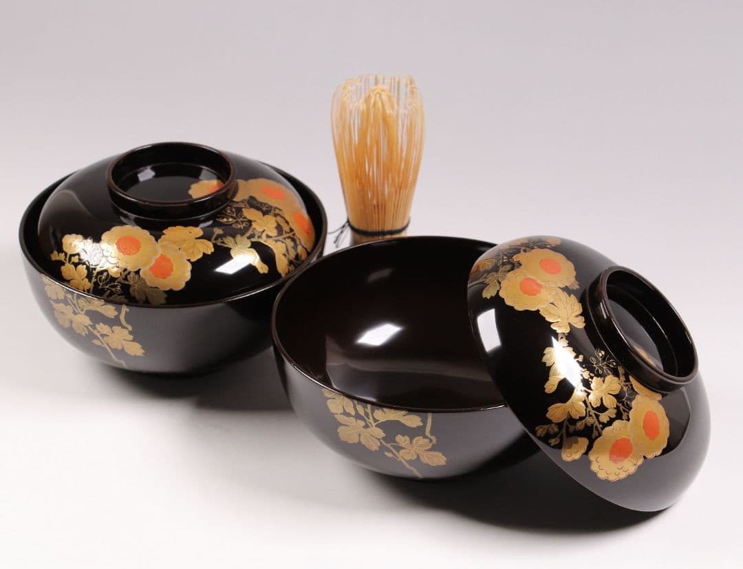 CM4 時代 加賀蒔絵 鳥図 溜塗内黒 椀 二客 木製漆器 天然木