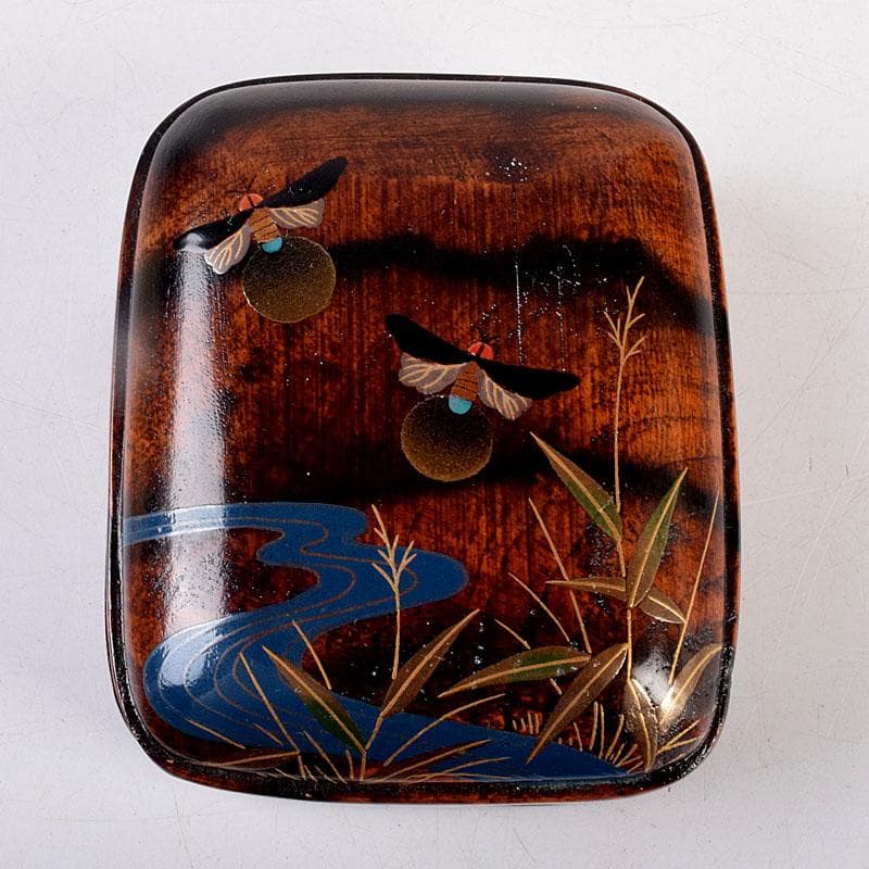 茶道具　竹内幸斎作　螺鈿装飾　蛍蒔絵　黒柿香合　共箱　Z　8553