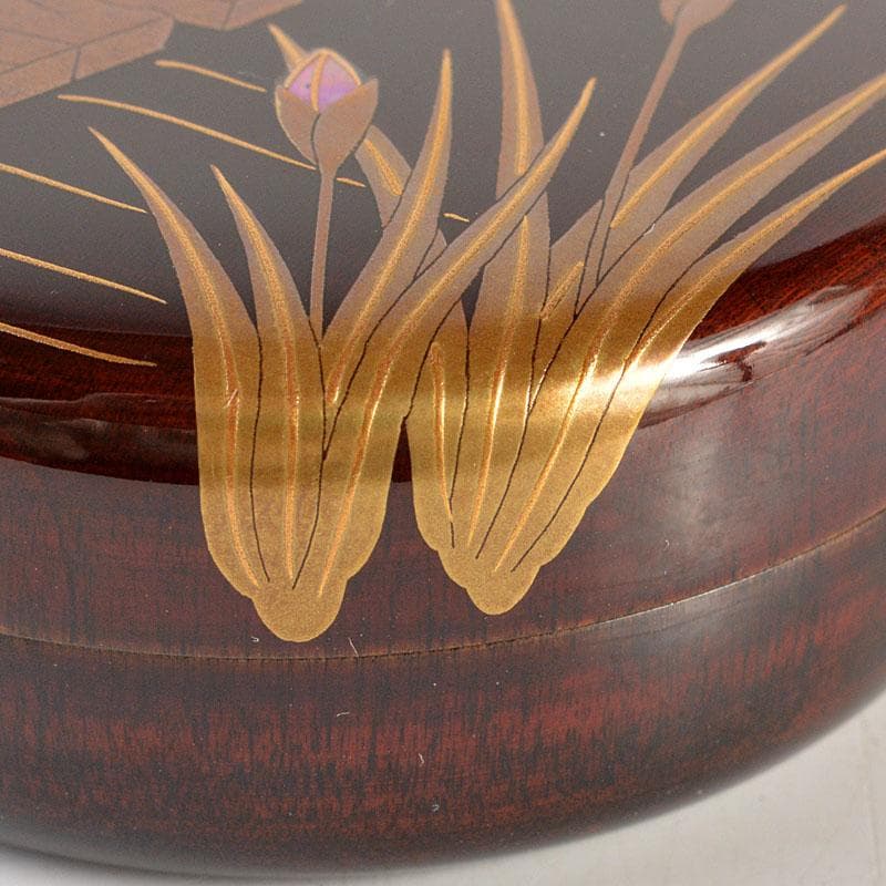 茶道具　蒔絵師　新田義明作　桜材　木地溜塗　八橋蒔絵　平丸香合　共箱　V6775