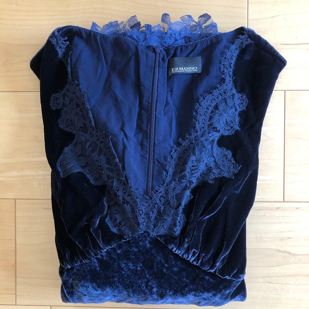 エルマンノシェルヴィーノ】 ネイビー ロングドレス ベルベット